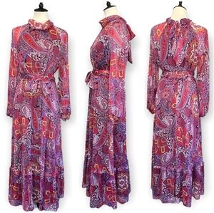 TAHARI ASL Arthur S. Levine Long Sleeve Metallic Print Chiffon Maxi Dress Sz 12
